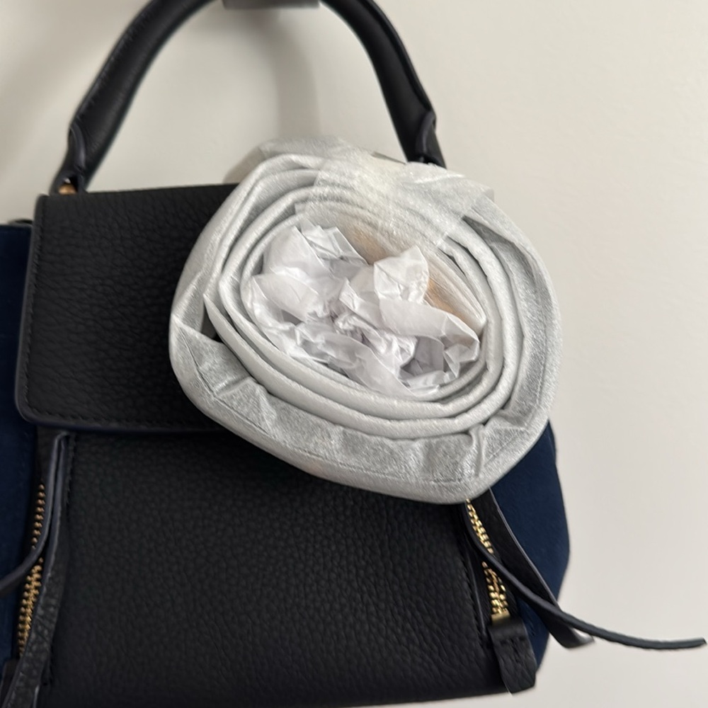 Tory Burch Half Moon Petite Mixed Material Satchel. Blue and Black. - Picture 3 of 13